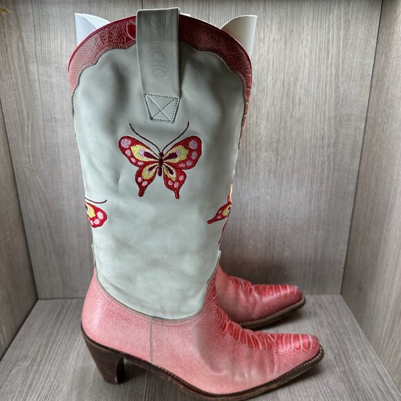 Sancho Wester Boots Womens 9 Butterfly Embroidered Handcrafted Leather White Red - Picture 1 of 16